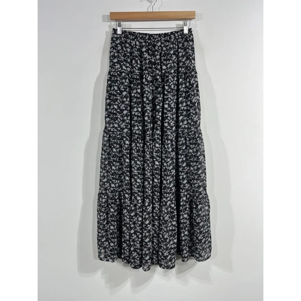 Lulus Fairy Grunge Black Floral Tiered Sheer Maxi Skirt Boho Small Whimsigoth